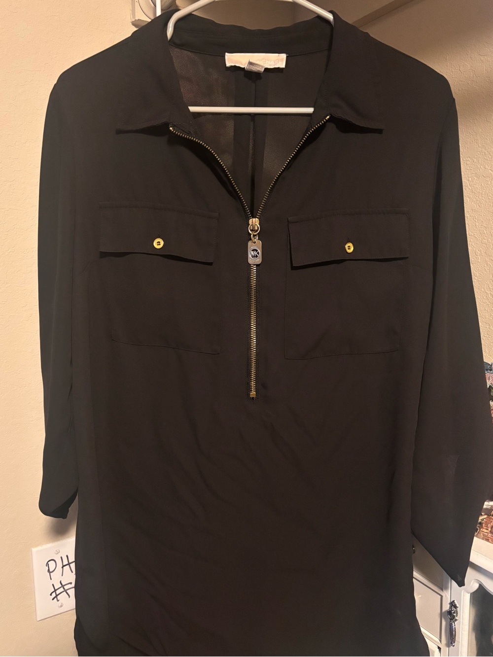 TWO blouses : Black and Blue Half-Zip Button Pocket Blouse